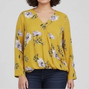 Gibson Latimer Mustard Floral Surplice Blouse with Lavender Accents